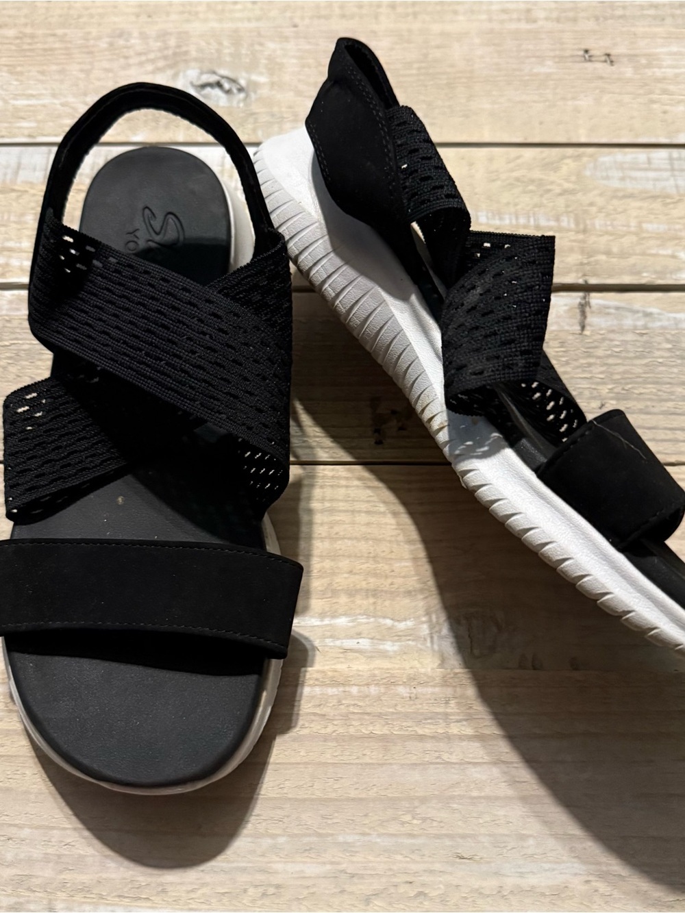 Skechers Ultra Flex Black White Neon Star Stretch Walking Sandals